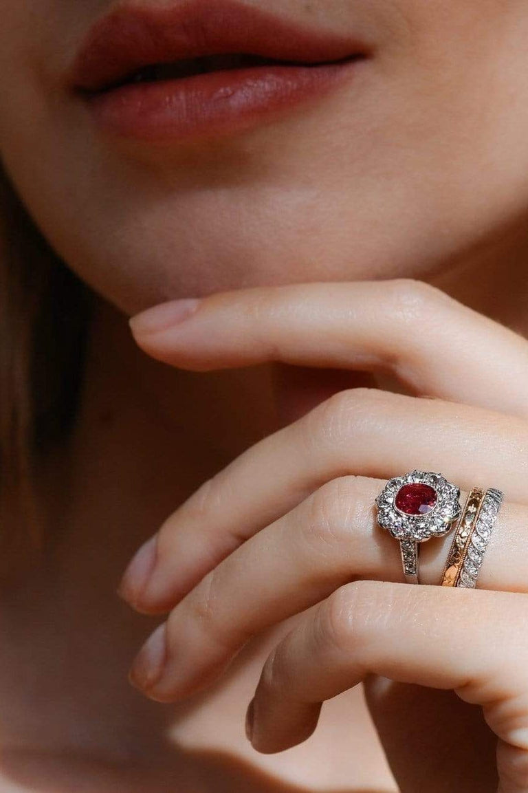 Early Art Deco .75 Cushion Ruby and Diamond Cluster, England