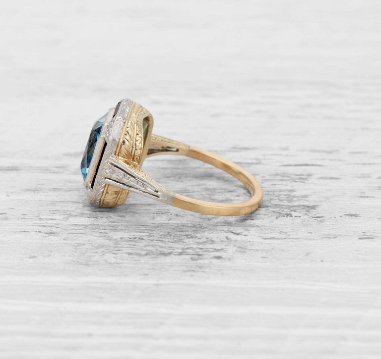 EARLY ART DECO AQUAMARINE, DIAMOND, AND BLACK ONYX RING