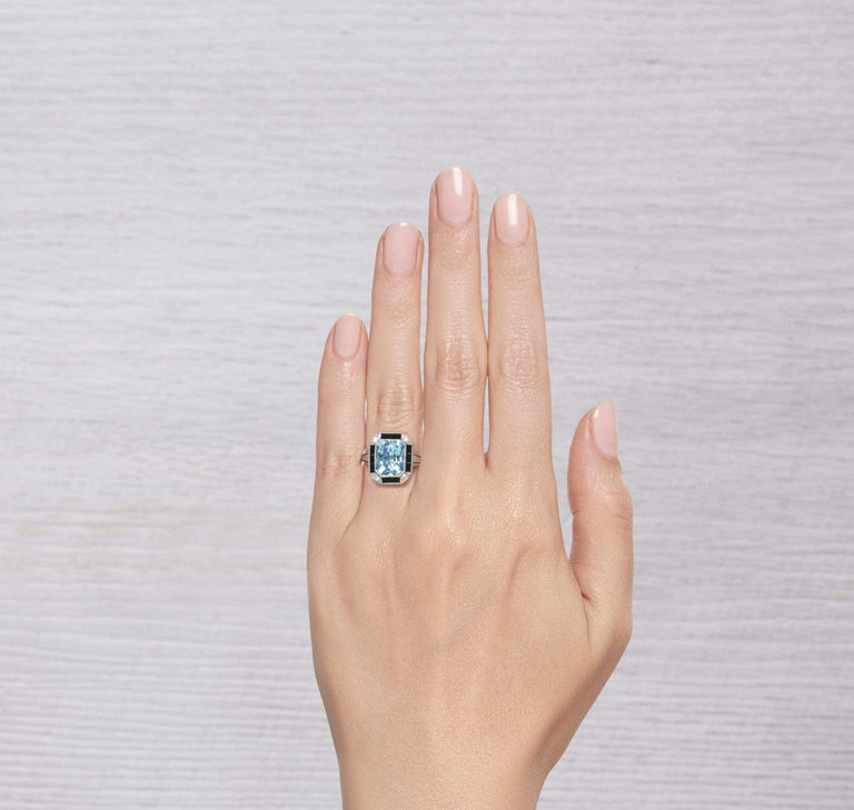 EARLY ART DECO AQUAMARINE, DIAMOND, AND BLACK ONYX RING