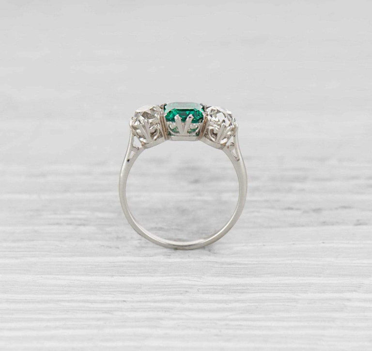 Early Art Deco Emerald and Diamond Three Stone Ring