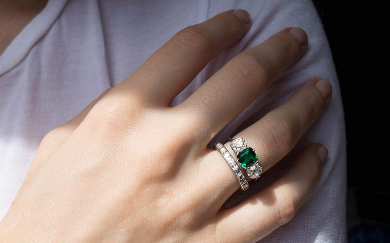 Early Art Deco Emerald and Diamond Three Stone Ring