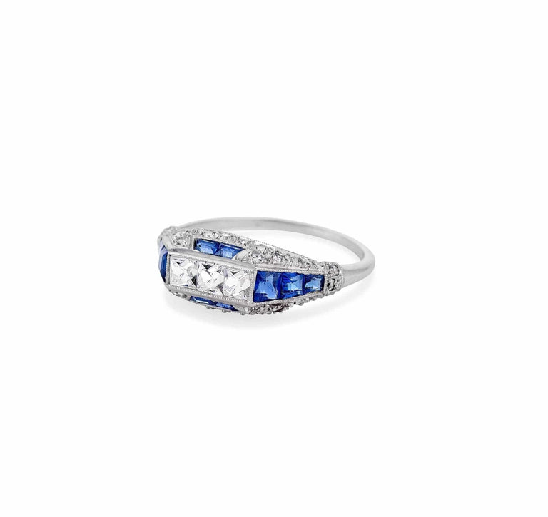 Early Art Deco French Cut Diamond & Sapphire Ring