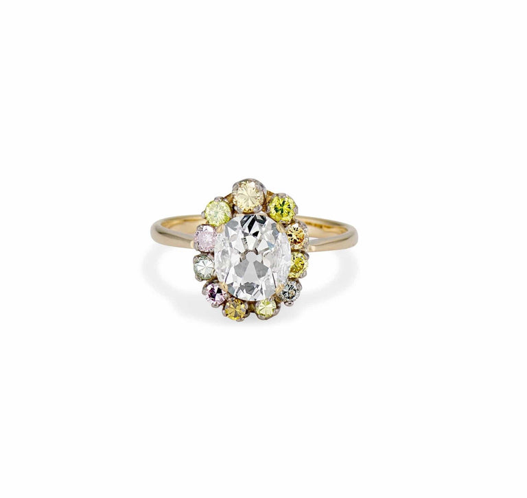 Edwardian 1.00 Carat Cushion-Cut Multicolored Diamond Cluster Engagement Ring