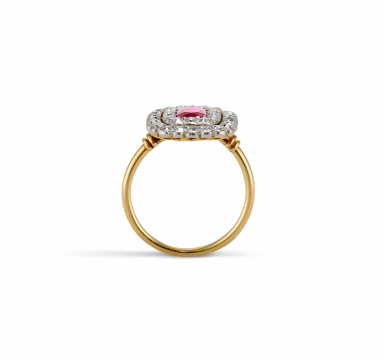 Edwardian 1.00 Carat Cushion Cut "Pigeon's Blood" Ruby & Diamond Cluster Engagement Ring
