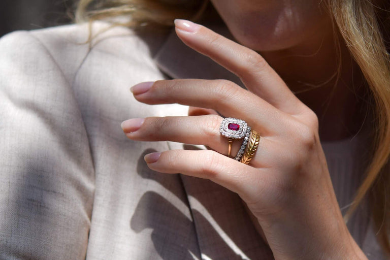 Edwardian 1.00 Carat Cushion Cut "Pigeon's Blood" Ruby & Diamond Cluster Engagement Ring