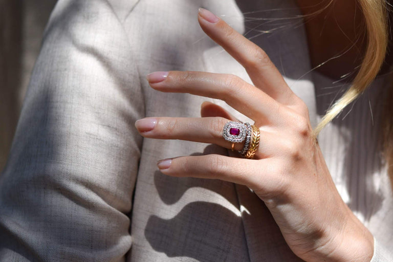 Edwardian 1.00 Carat Cushion Cut "Pigeon's Blood" Ruby & Diamond Cluster Engagement Ring