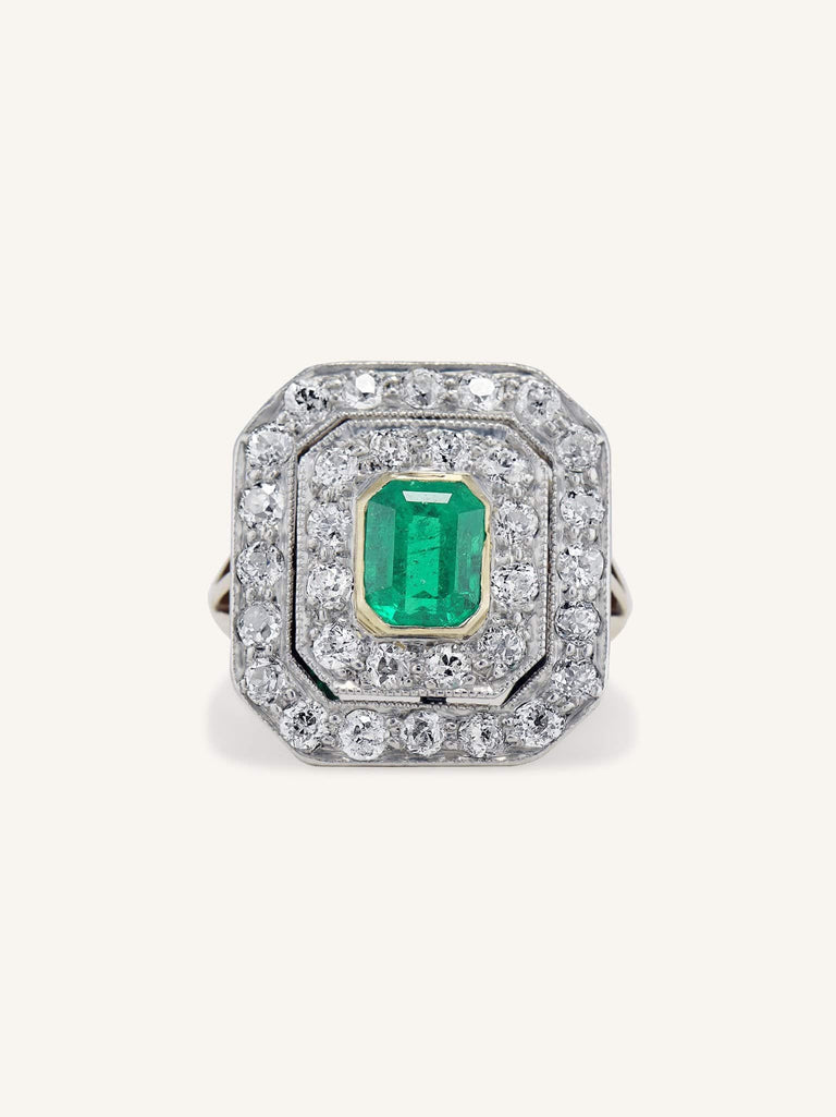 Edwardian 1.02 Carat Emearld Cut Emerald and Diamond Square Cluster Ring