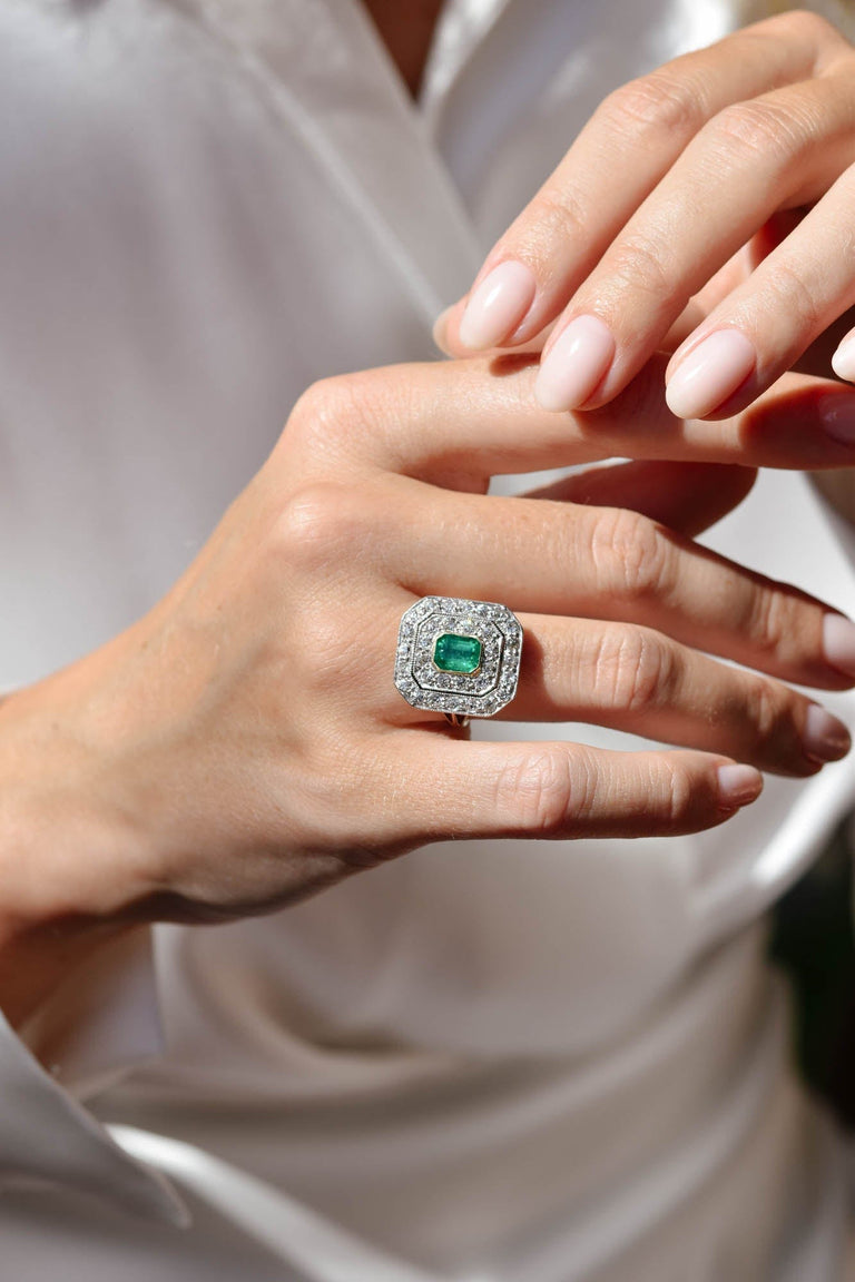 Edwardian 1.02 Carat Emearld Cut Emerald and Diamond Square Cluster Ring