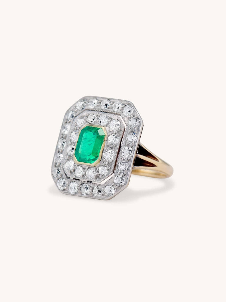 Edwardian 1.02 Carat Emearld Cut Emerald and Diamond Square Cluster Ring