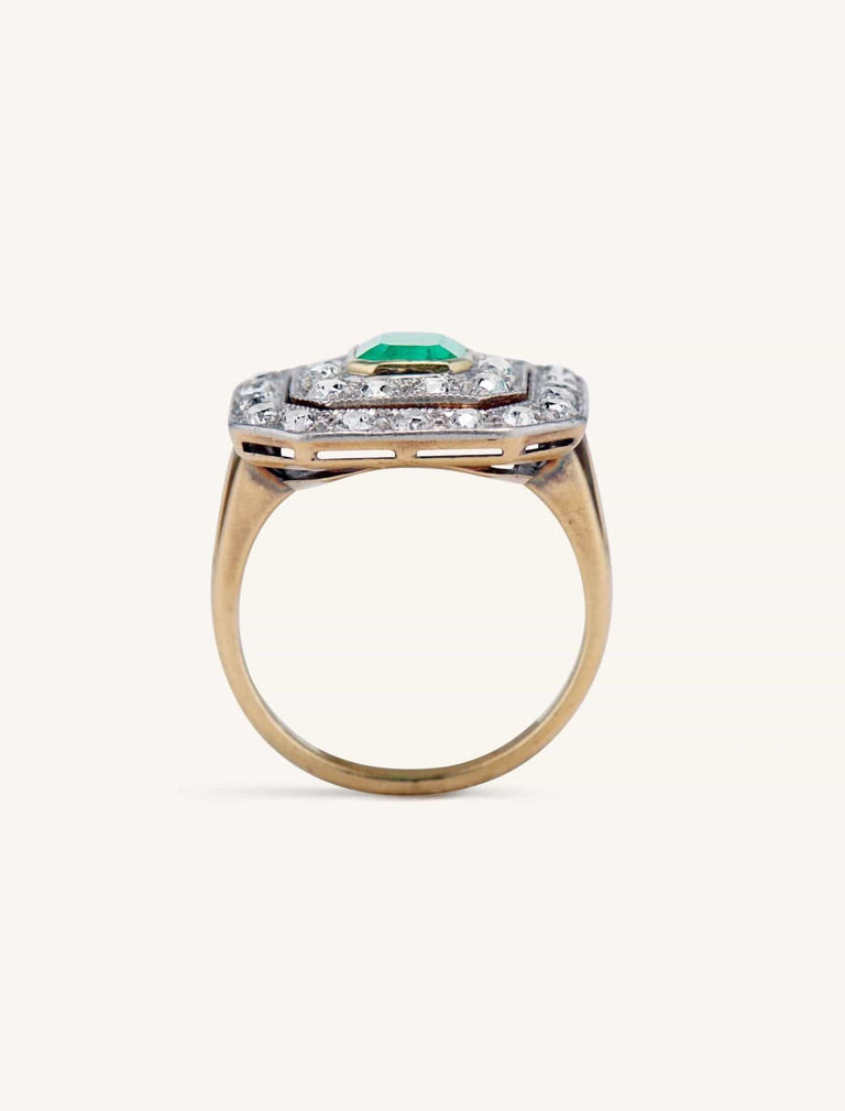 Edwardian 1.02 Carat Emearld Cut Emerald and Diamond Square Cluster Ring