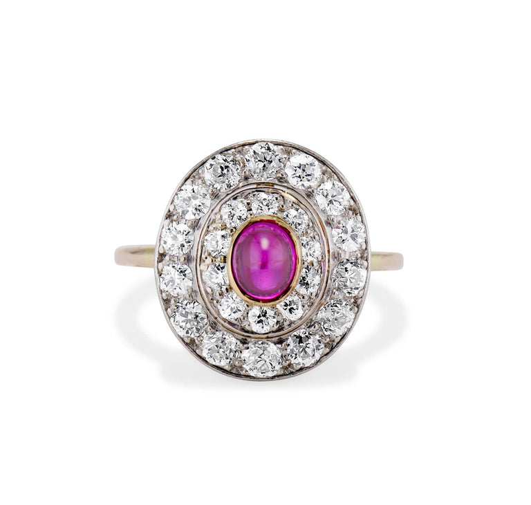 Edwardian 1.15 Carat Cabochon Ruby & Diamond Cluster Ring