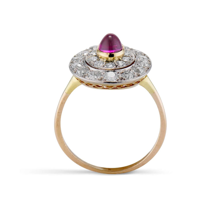 Edwardian 1.15 Carat Cabochon Ruby & Diamond Cluster Ring
