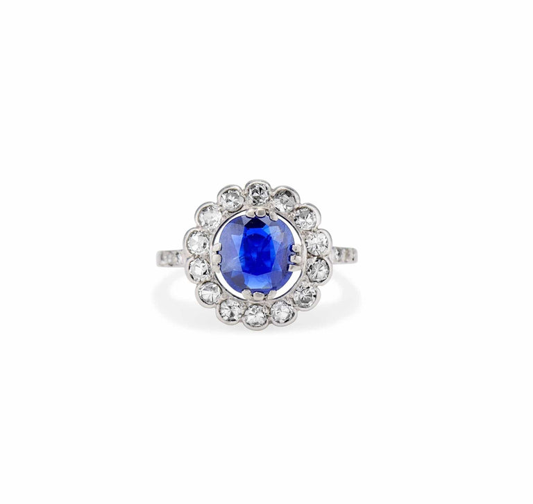 Edwardian 1.18 Carat Cushion Sapphire and Diamond Cluster Ring