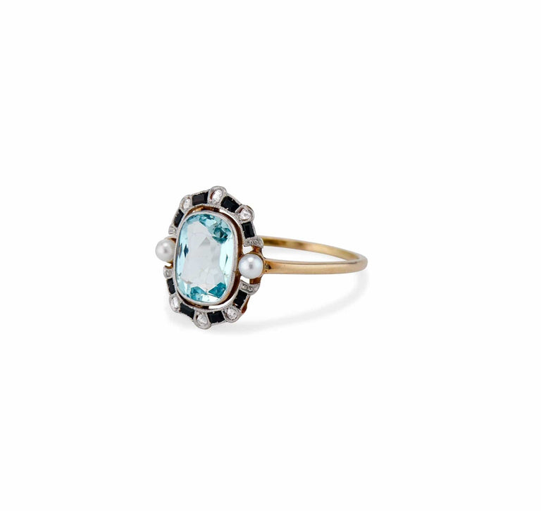 Edwardian 1.40 Carat Aquamarine, Diamond, Onyx, and Pearl Ring