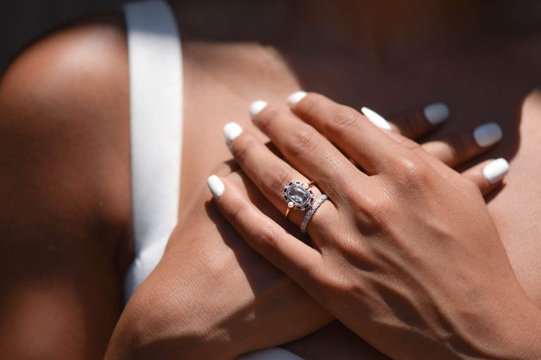 Edwardian 1.40 Carat Aquamarine, Diamond, Onyx, and Pearl Ring