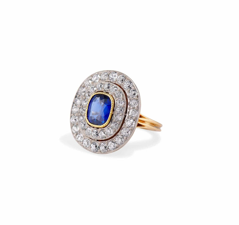 Edwardian 1.50 Cushion Sapphire and Diamond Target Ring, America