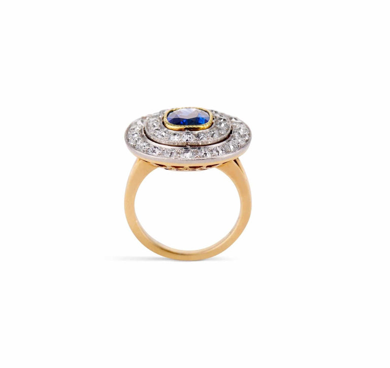 Edwardian 1.50 Cushion Sapphire and Diamond Target Ring, America