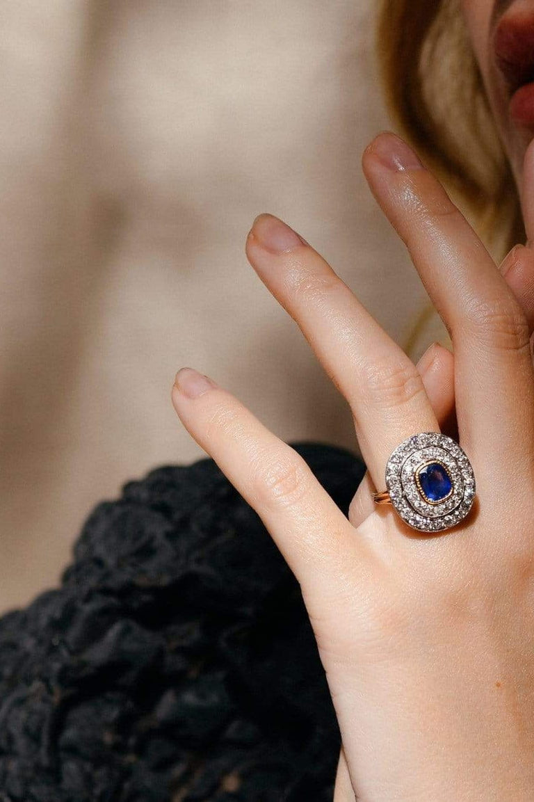 Edwardian 1.50 Cushion Sapphire and Diamond Target Ring, America