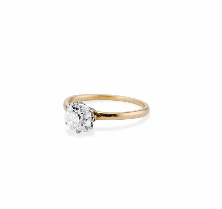 Edwardian 1.55 Carat Old Mine Cushion Cut Diamond Solitaire Engagement Ring
