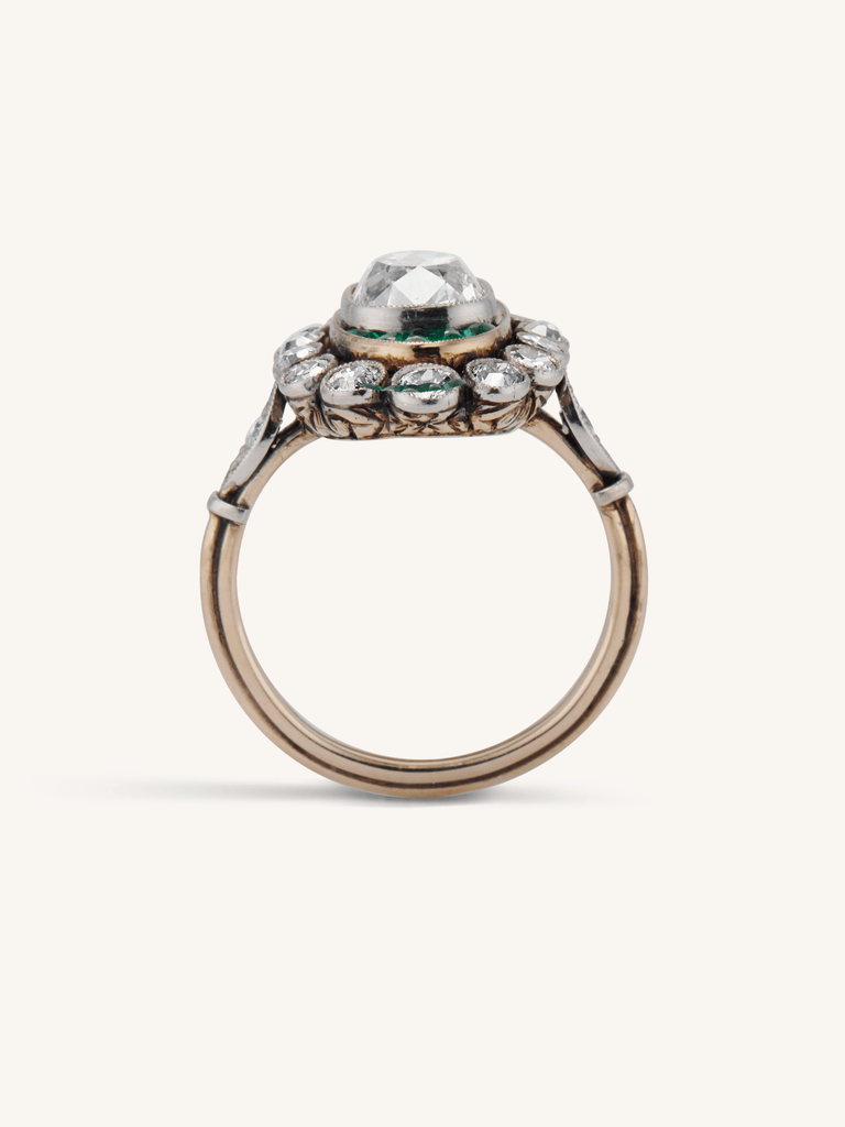 Edwardian 1.60 Carat Old Mine Diamond & Emerald Cluster Engagement Ring