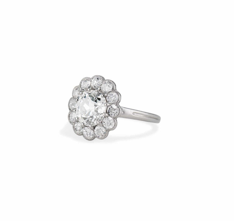Edwardian 1.73 Carat Old European Diamond Cluster Engagement Ring