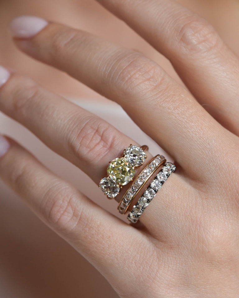 Edwardian 1.85 Carat Fancy Cushion Cut Yellow Diamond Three Stone Vintage Engagement Ring