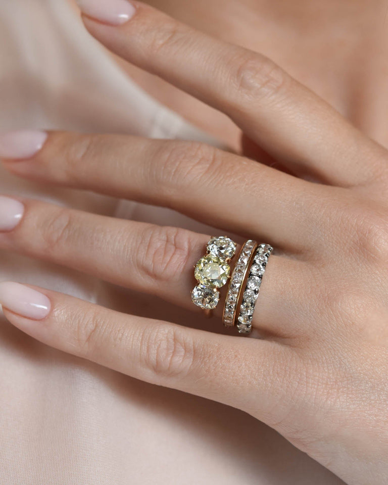 Edwardian 1.85 Carat Fancy Cushion Cut Yellow Diamond Three Stone Vintage Engagement Ring