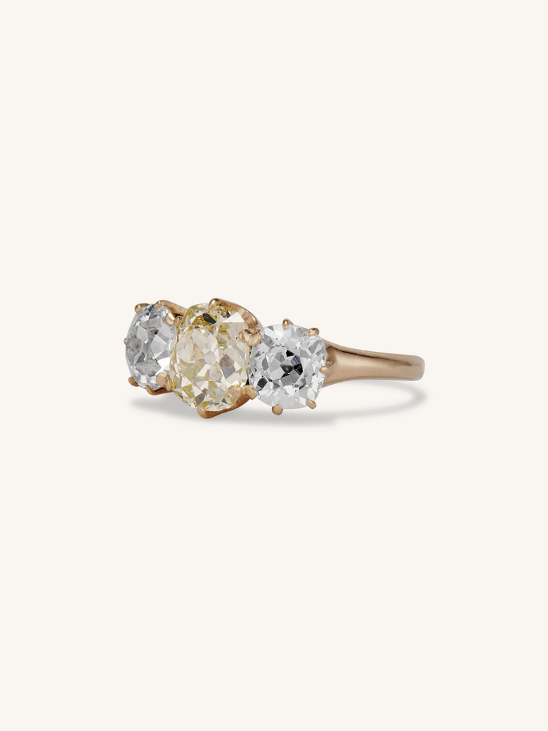 Edwardian 1.85 Carat Fancy Cushion Cut Yellow Diamond Three Stone Vintage Engagement Ring