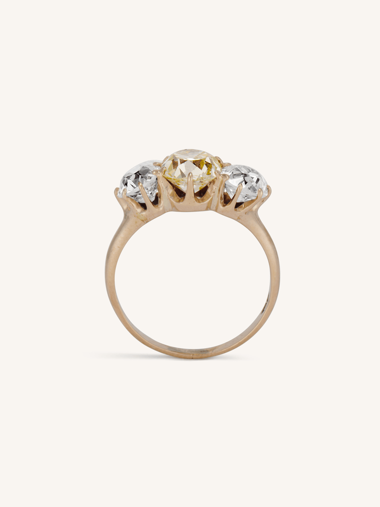 Edwardian 1.85 Carat Fancy Cushion Cut Yellow Diamond Three Stone Vintage Engagement Ring