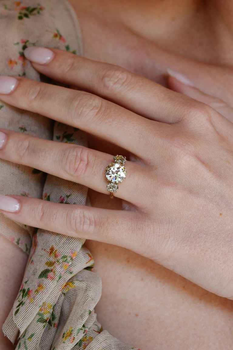Edwardian 2.66 Carat Three Stone Antique Old Mine Diamond Vintage Engagement Ring
