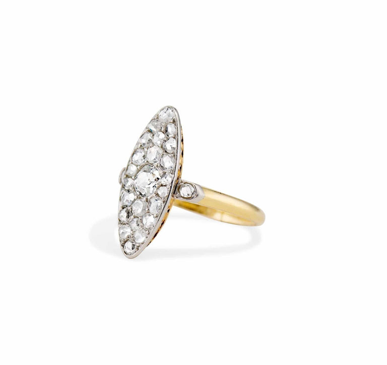 Edwardian .28 Carat Old European and Rose Cut Diamond Navette Cluster Ring