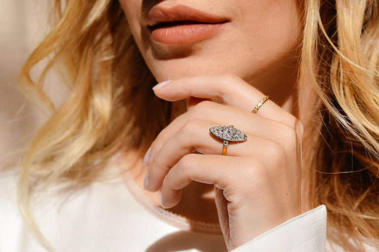 Edwardian .28 Carat Old European and Rose Cut Diamond Navette Cluster Ring