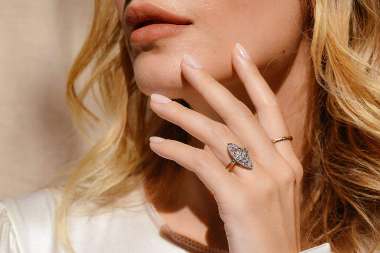 Edwardian .28 Carat Old European and Rose Cut Diamond Navette Cluster Ring