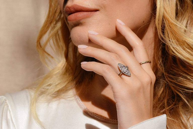 Edwardian .28 Carat Old European and Rose Cut Diamond Navette Cluster Ring