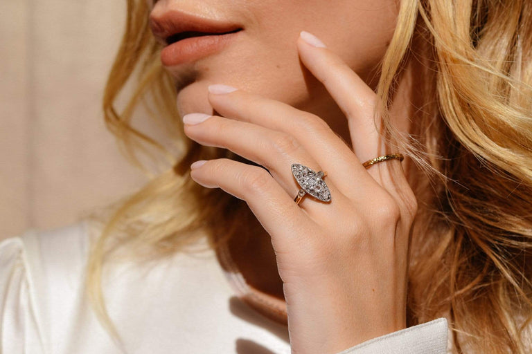 Edwardian .28 Carat Old European and Rose Cut Diamond Navette Cluster Ring