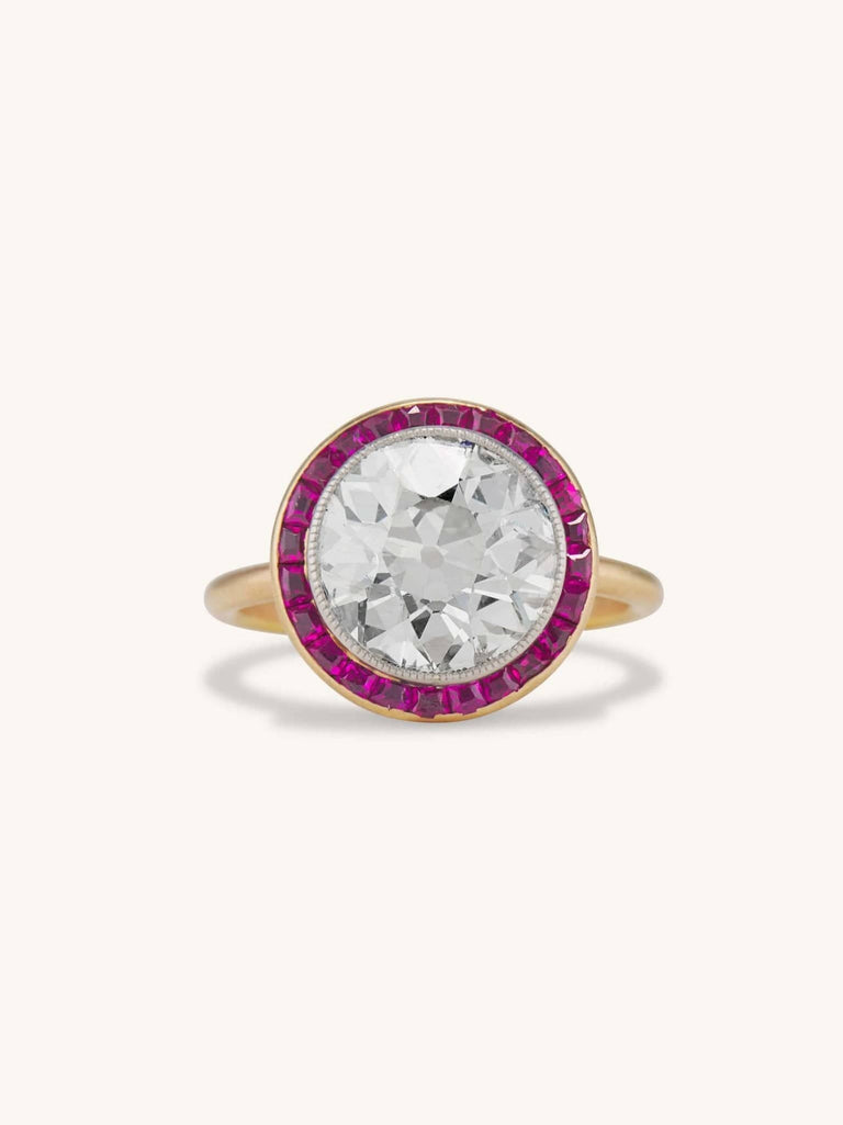 Edwardian 3.34 Carat Old European Cut Diamond & Ruby Halo Engagement Ring