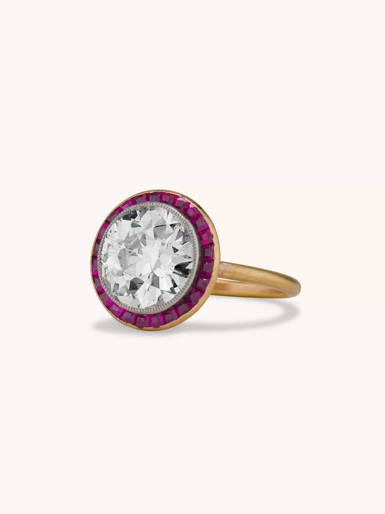 Edwardian 3.34 Carat Old European Cut Diamond & Ruby Halo Engagement Ring