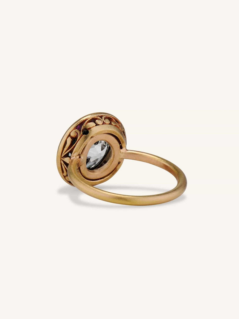 Edwardian 3.34 Carat Old European Cut Diamond & Ruby Halo Engagement Ring