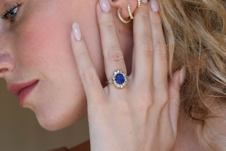 Victorian 3.66 Carat Oval Cut Natural Unheated Ceylon Sapphire and Diamond Antique Cluster Engagement Ring