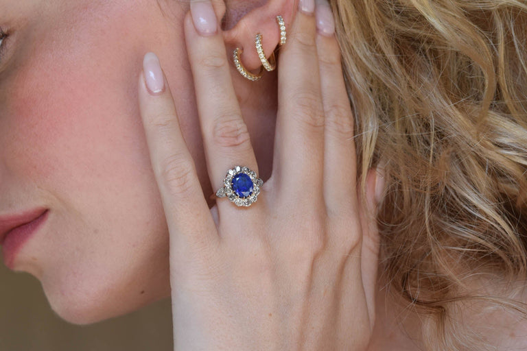 Victorian 3.66 Carat Oval Cut Natural Unheated Ceylon Sapphire and Diamond Antique Cluster Engagement Ring