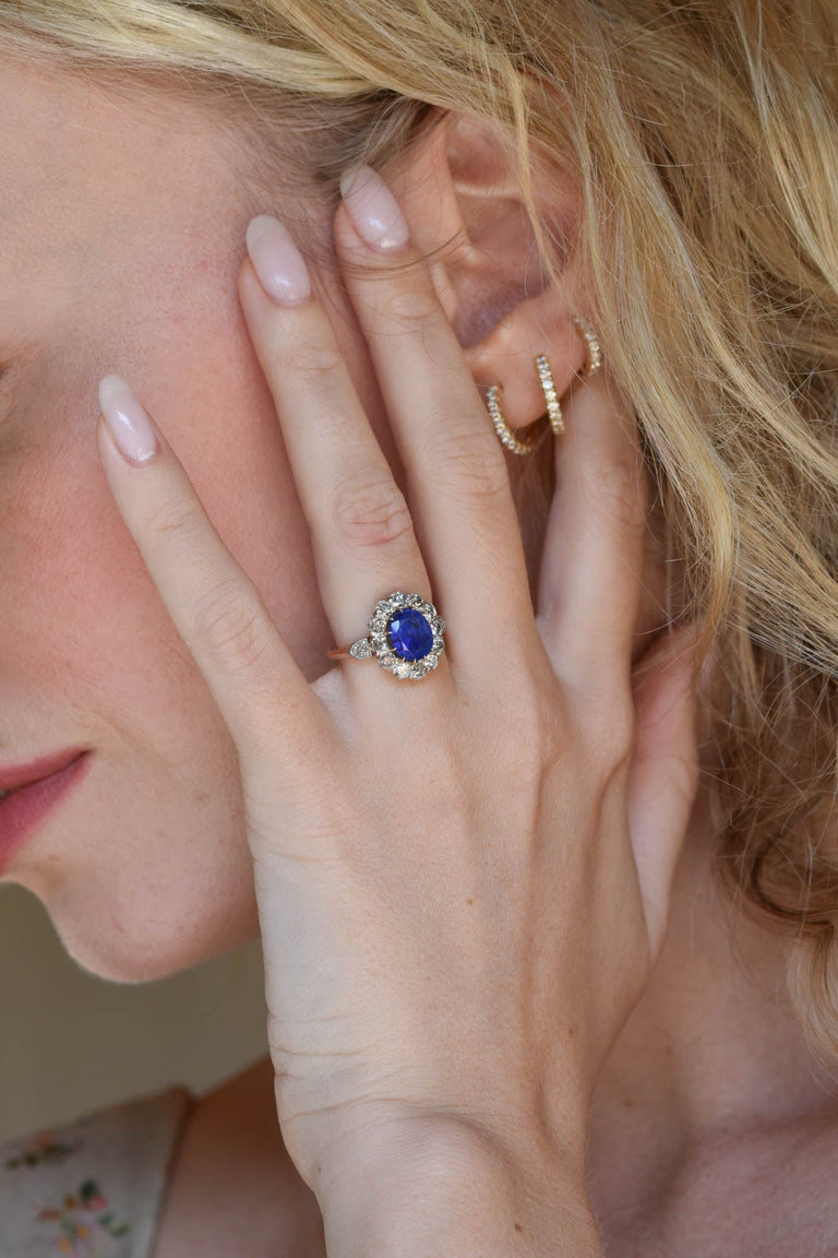 Victorian 3.66 Carat Oval Cut Natural Unheated Ceylon Sapphire and Diamond Antique Cluster Engagement Ring