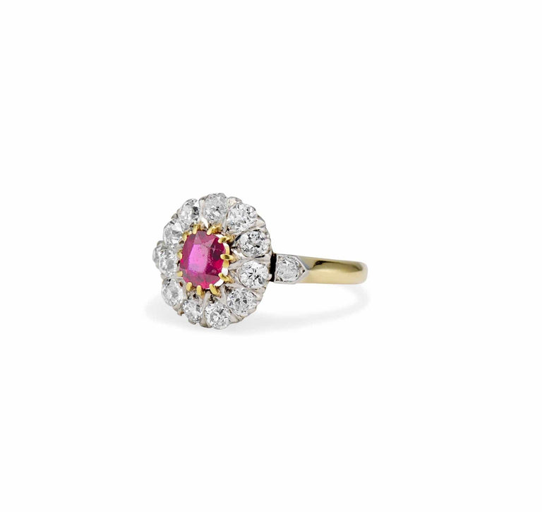 Edwardian .55 Cushion Ruby and Diamond Cluster Engagement Ring