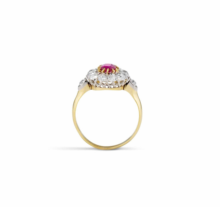 Edwardian .55 Cushion Ruby and Diamond Cluster Engagement Ring