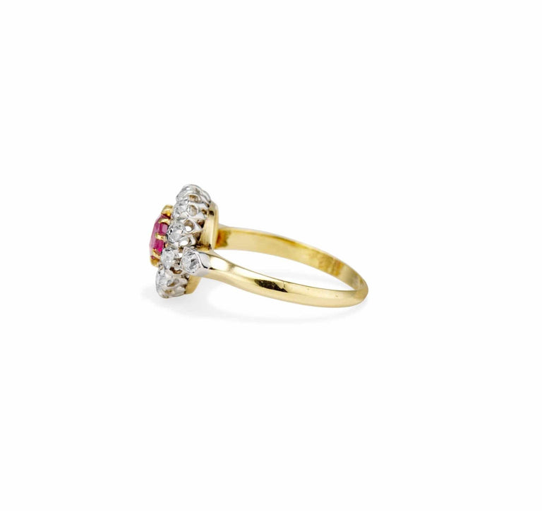 Edwardian .55 Cushion Ruby and Diamond Cluster Engagement Ring