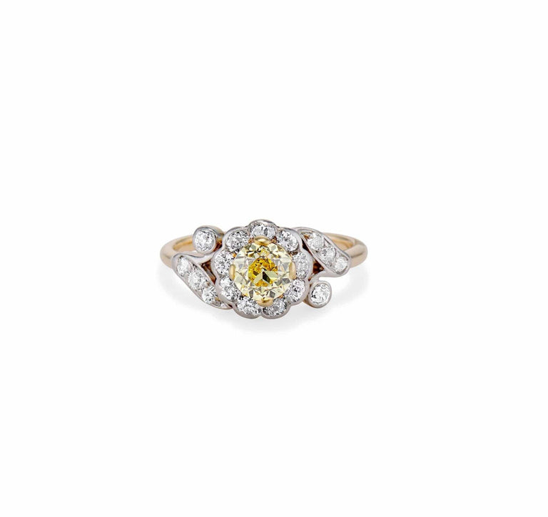 Edwardian .74 Carat Old European Cut Fancy Intense Yellow Diamond Flower Motif Engagement Ring