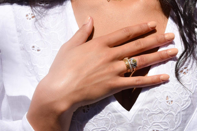 Edwardian .74 Carat Old European Cut Fancy Intense Yellow Diamond Flower Motif Engagement Ring