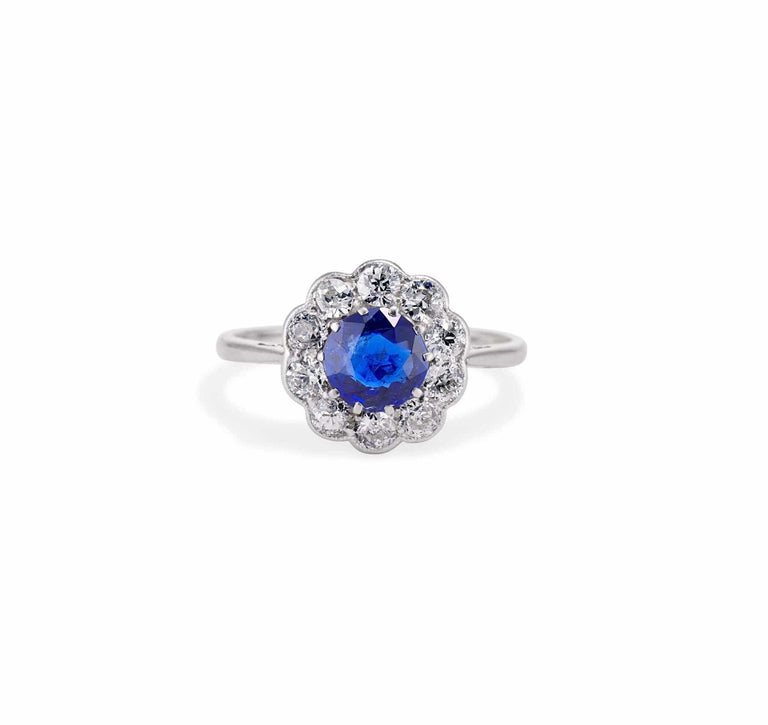 Edwardian .78 Sapphire and Diamond Flower Cluster Engagement Ring