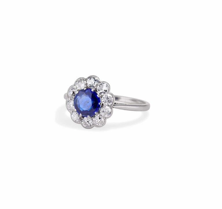 Edwardian .78 Sapphire and Diamond Flower Cluster Engagement Ring