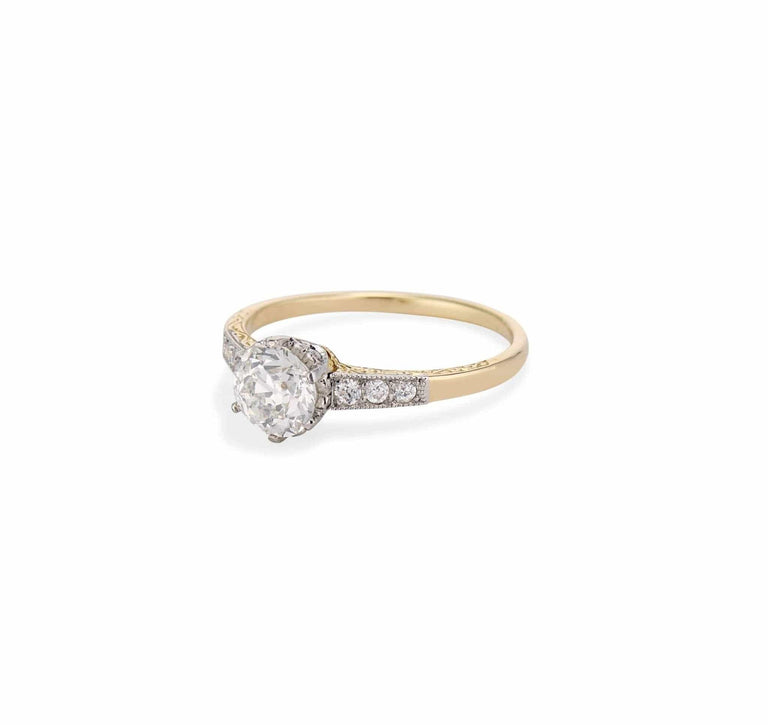 Edwardian .81 Carat Old European Cut Diamond Engraved Two Tone Ring
