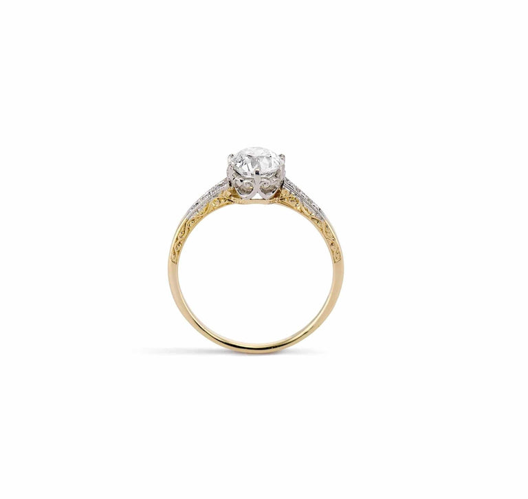 Edwardian .81 Carat Old European Cut Diamond Engraved Two Tone Ring